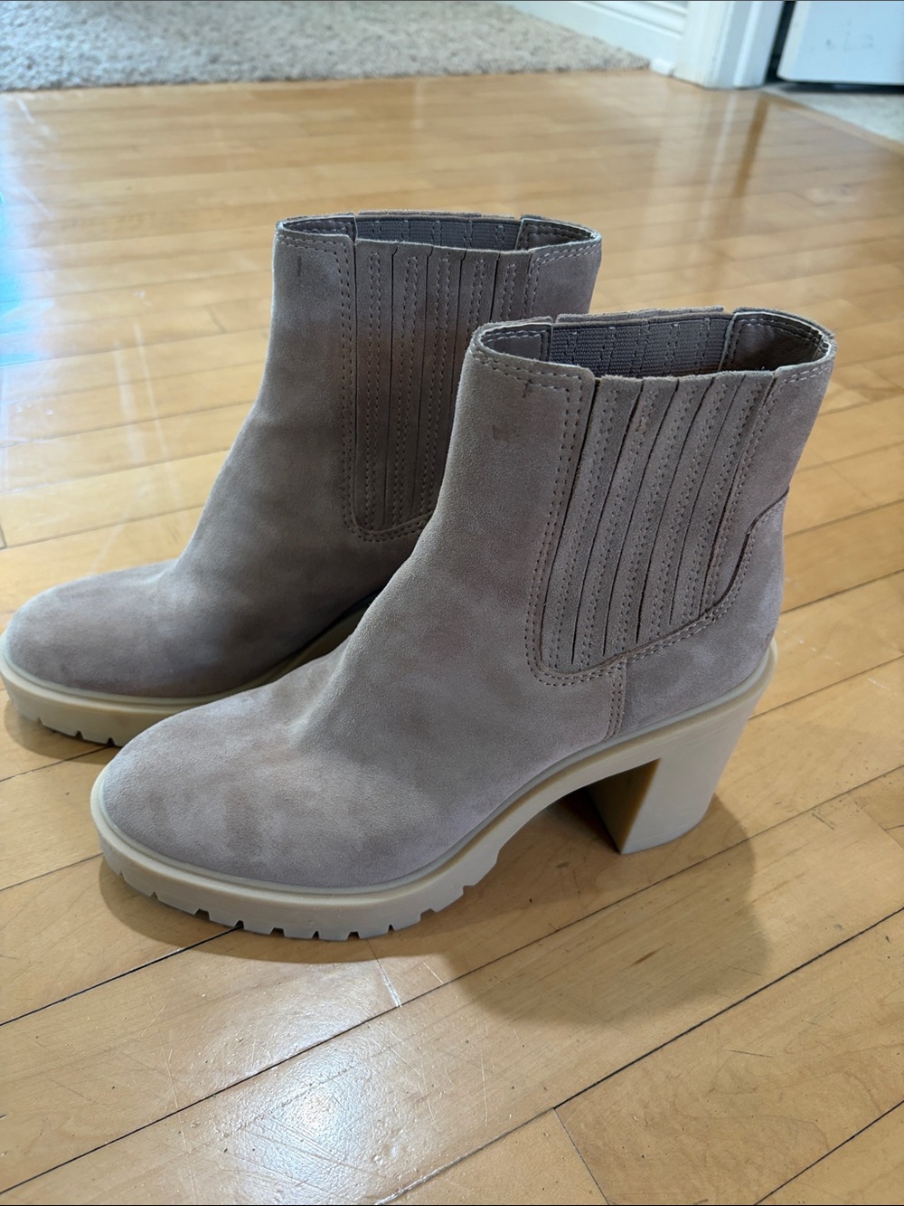 Dolce Vita Taupe Suede Chelsea Booties with Block Heel